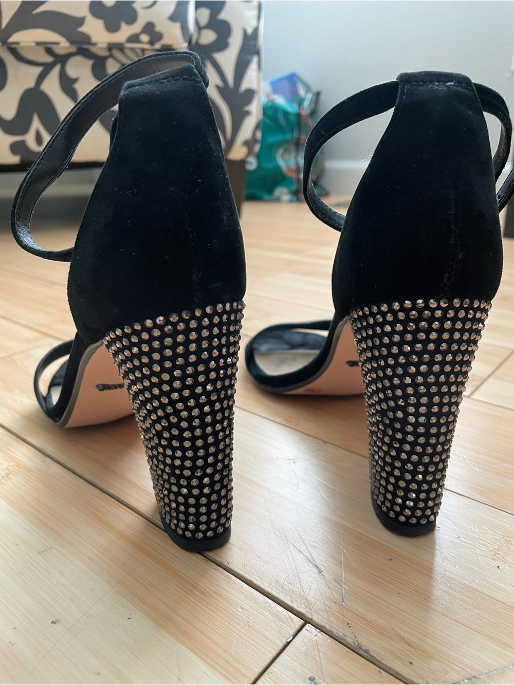 Gianni Bini Black Suede Ankle-Strap Block Heel Sandals with Studded Heel - Picture 4 of 7